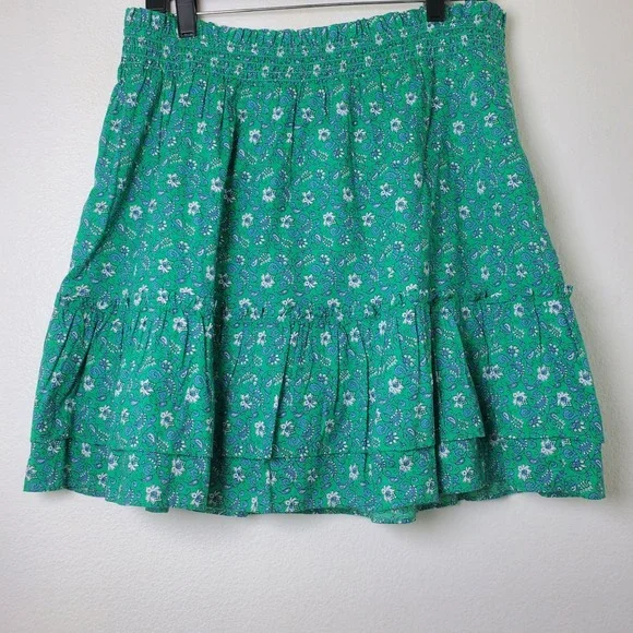 J. Crew NWT Green Floral Paisley Cotton Smocked Tiered Mini Skirt Size Large - Picture 13 of 13